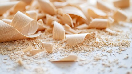 Close-Up of Wood Shavings and Sawdust on a White Surface, Ideal for Crafting, Carpentry, and Woodworking Projects, Highlighting Natural Textures and Patterns