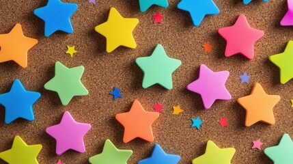 Fototapeta premium Colorful stars scattered on a textured brown background creating a vibrant and artistic composition