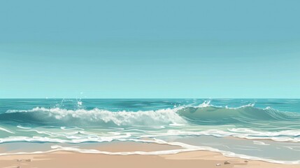 Serene Coastal Scene: Tranquil Ocean Waves Gently Crashing on a Sandy Beach Under a Clear Summer Sky