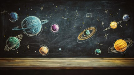 Chalkboard with detailed chalk drawing of planets and solar system arrangement