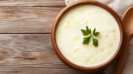 A bowl of creamy soup garnished with a sprig of parsley on a wooden surface.
