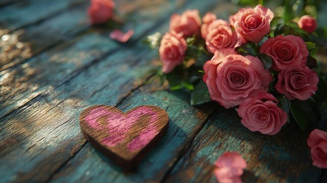 Romantic valentine's message with pink roses on rustic wooden surface