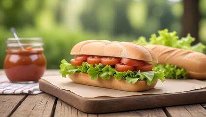 Rustic table with sandwich featuring lettuce and tomato. Simple picnic setup with bokeh background.