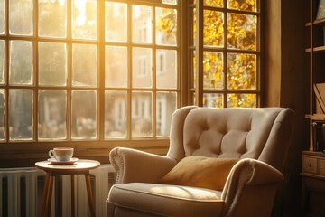 A cozy caf?(C) corner with a soft armchair, a coffee cup on a small table, and golden sunlight streaming through tall windows