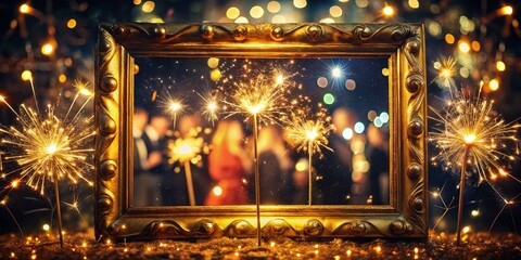 Obraz premium Elegant 2025 New Year's Eve Aerial Party Invitation - Golden Frame, Sparklers, Bokeh Lights