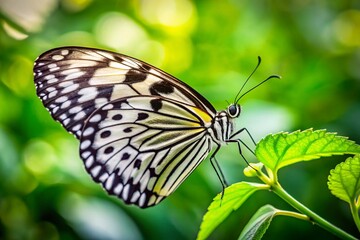 Obraz premium Elegant Black and White Butterfly on Green Leaf, Summer Garden, White Background