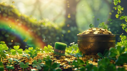 St Patricks Day Fantasy Scene Leprechauns Gold Coins Pot of Gold Rainbow Clover Leaves Irish Celebration