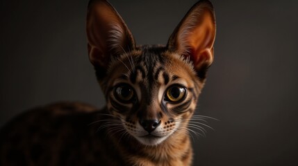 Obraz premium Oriental Shorthair with big ears, Tabby kitten close-up against a dark grey background