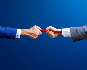 Intense Tug of War Hands Grasping Red Rope Against Blue Background