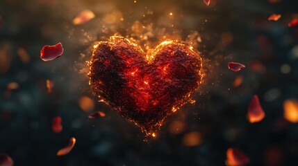 Glowing heart with rose petals for valentine's day celebration and romantic design