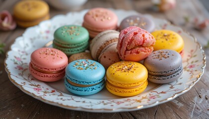 Fototapeta premium A variety of colorful macarons arranged on a delicate porcelain plate. professional ocmposition with copy space for text.