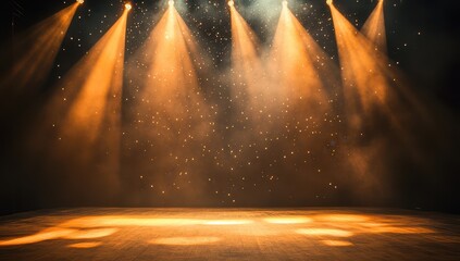 Photo of a stage with spotlights shining down, ready for an artistic performance. Web banner with copy space on the right.