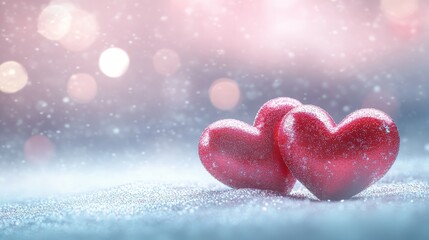 Obraz premium Romantic scene with two red hearts on glittering bokeh background for valentine's day design