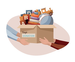 Hands holding a toys in box on white background. . Children donatation