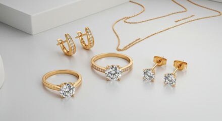A flat-lay photograph of a matching gold jewelry set including a solitaire diamond ring, earrings and a pendant necklace, arranged on a sleek white surface