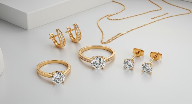 A flat-lay photograph of a matching gold jewelry set including a solitaire diamond ring, earrings and a pendant necklace, arranged on a sleek white surface