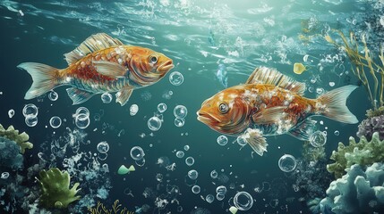 representation of how microplastics accumulate in fish gills and affect their respiration and overall health