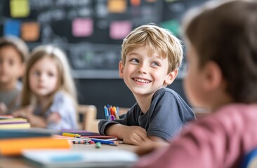 Fototapeta premium A group of cheerful children are sitting at their desks in a classroom