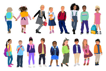 Fototapeta premium Set of kids, boys and girls vector illustration isolated. Happy elementary, middle school pupils. Collection of children different races and nationality standing and walking, front, back, side view.