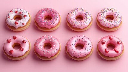 Assorted sweet donuts with pink glaze and colorful sprinkles on pastel background