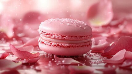 Pink french macaron surrounded by rose petals for romantic dessert themes
