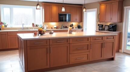 A clean and modern kitchen with light wood cabinets, polished counters, and an open design.