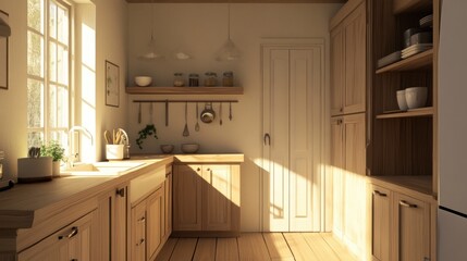A clean and simple kitchen featuring natural wood cabinetry and spotless countertops.