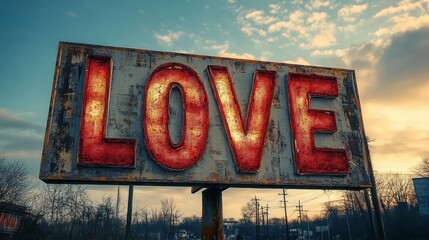 Glowing love billboard at sunset in urban setting