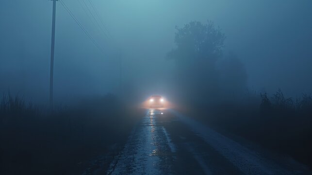 The image is a dark and foggy road at night. The only light comes from the headlights of a car, which is driving in the middle of the road.
