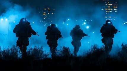 A team of special forces soldiers during a nighttime covert mission, utilizing night vision and silent tactics, moving through a dark urban landscape with precision