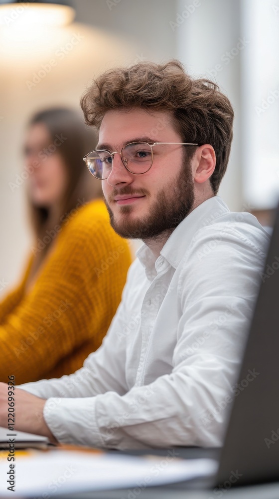 Poster young man engaged in focused work in a modern office environment with soft lighting and a minimalist