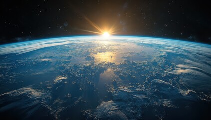 A space station orbiting Earth, with the sun casting long shadows on its metallic exterior and intricate architecture. 