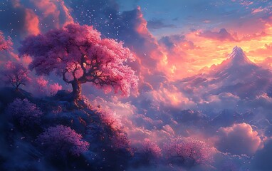 Fototapeta premium Sunset Blossom Tree Landscape Digital Art