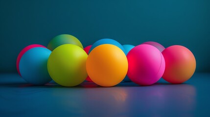 A group of colorful balls of different sizes are placed on a reflective surface against a dark background.