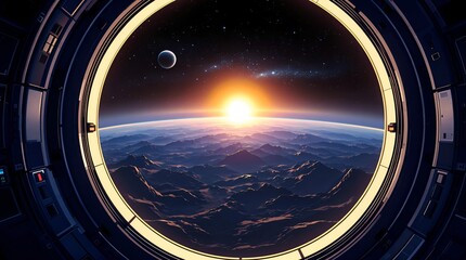 Futuristic Spaceship Interior: Bright Design with a Dark Window View, AI-Generated