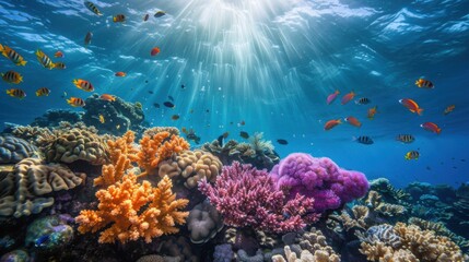 Naklejka premium Vibrant Underwater Coral Reef Ecosystem with Colorful Fish Swimming in Sunlit Ocean