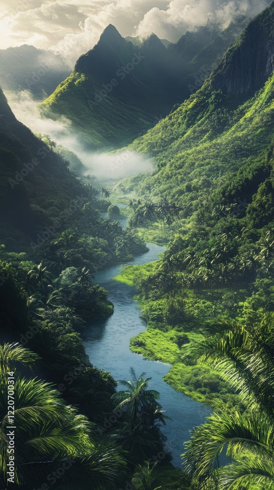 Aufkleber winding river flows through lush green valley surrounded by towering mountains and misty clouds in v