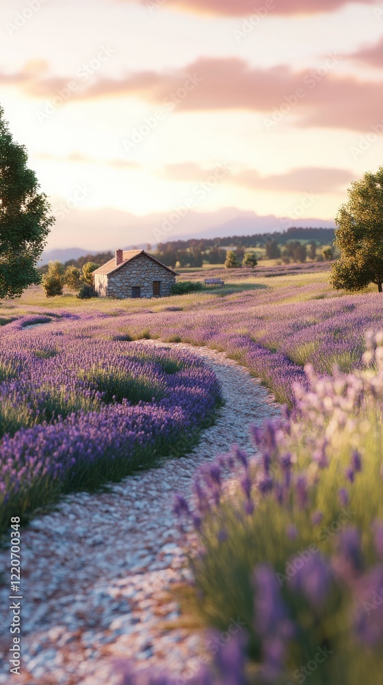 Poster winding path through lavender fields leading to a rustic cottage at sunset in a serene landscape