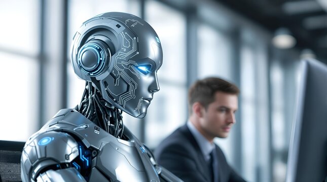 The Future of Work: Businessman Collaborating with an AI Cyborg in a Modern Office, Generative AI