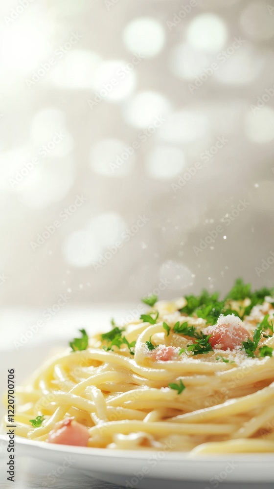 Aufkleber close-up view of a delicious plate of spaghetti garnished with herbs and cheese on a softly blurred 
