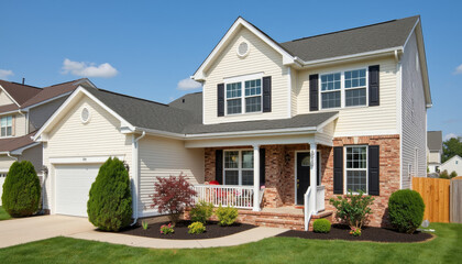 Modern house with well-kept garden under clear blue sky