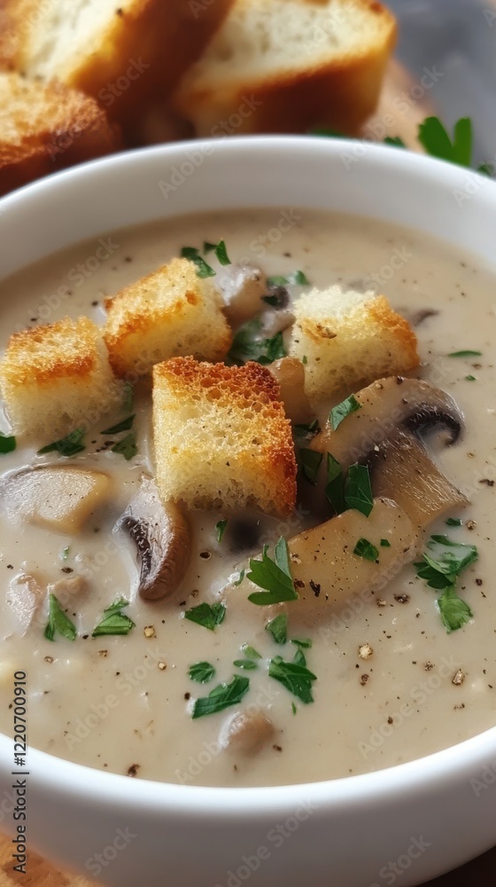 Poster close-up view of a creamy mushroom soup topped with croutons and fresh herbs beside toasted bread sl