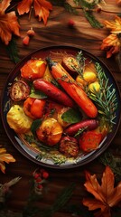 Close-up view of a beautifully arranged plate of roasted vegetables garnished with herbs on a rustic wooden table