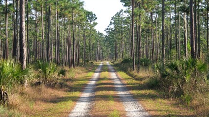 Obraz premium A dirt road cutting through a dense pine forest, with light peeking through the trees.