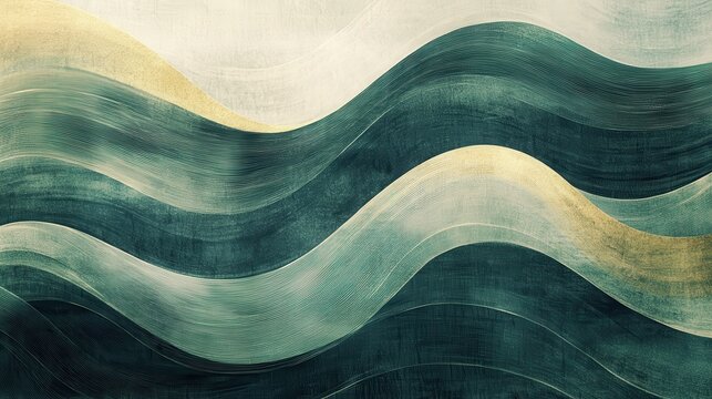 Pencil strokes create waves of muted green and gold in a calming abstract design inspired by nature and tranquility - Powered by Adobe