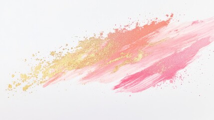 Delicate abstract brush strokes in warm pink and gold tones on a white background create an elegant artistic composition