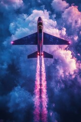 Futuristic jet flying through vivid dreamlike clouds