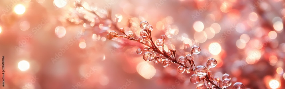 Poster delicate rose-gold bokeh highlights raindrops on a branch sparkling in soft champagne hues at dawn