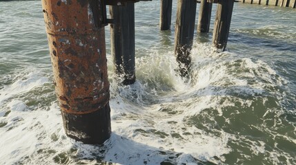 Waves Splashing Against Weathered Pier Columns