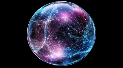 Abstract glowing sphere with energy lines and particles.